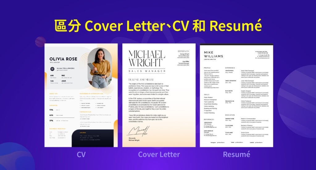 區分求職信（Cover letter）與履歷（CV）和簡歷（Resume）