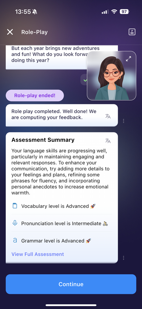 ELSA Speak 應用程式的 AI 角色扮演對話畫面