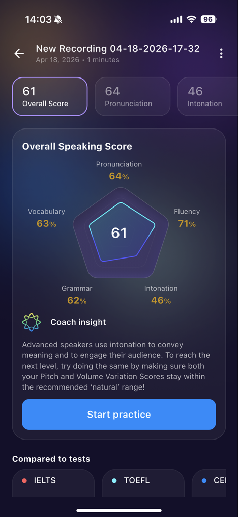ELSA Speak 應用程式的語音分析畫面