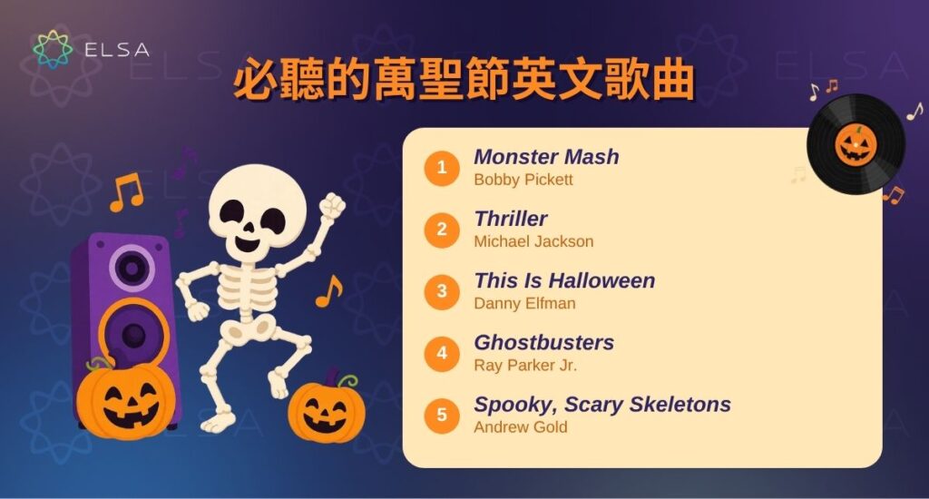 推薦 Monster Mash、Thriller、This Is Halloween 等萬聖節英文歌曲，適合派對與英語聽力練習