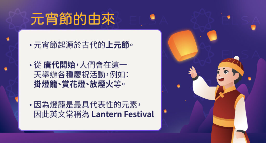 元宵節起源於兩千多年前的漢朝，人們透過點燈祈福、祭神與慶祝春天到來，逐漸形成今日的元宵節文化。