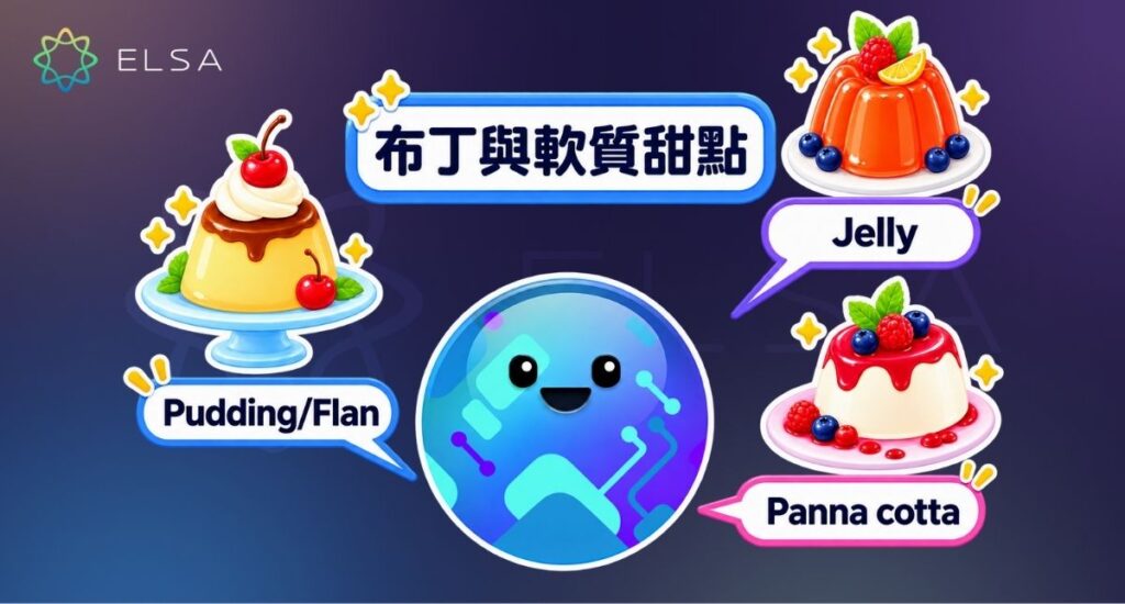 柔軟甜點英文包括 pudding、custard、jelly、mousse、tiramisu 和 panna cotta。