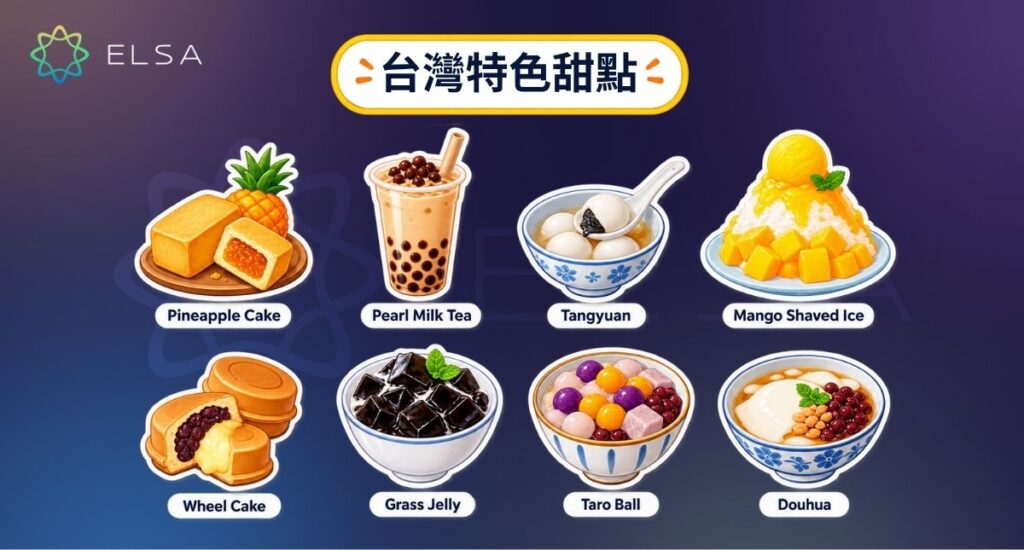 台式甜點英文包括豆花、仙草凍、剉冰、珍珠奶茶、地瓜球、鳳梨酥和車輪餅。