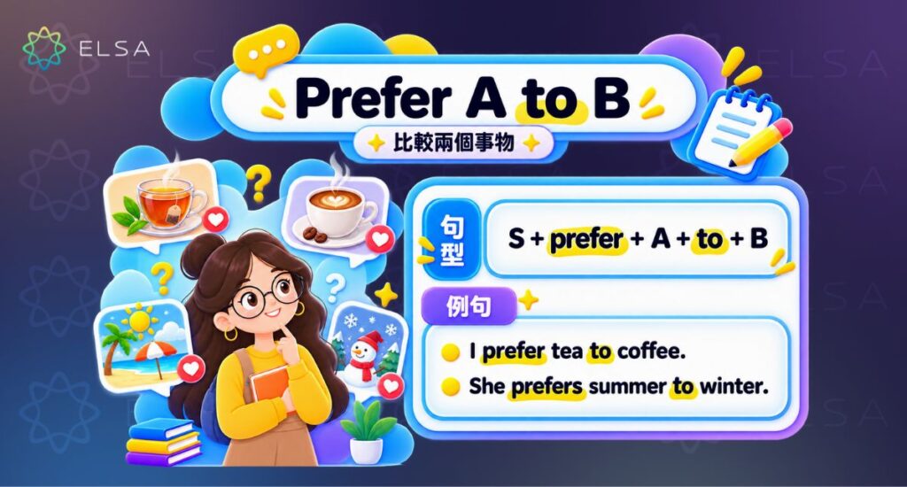 Prefer A to B 表示「比起 B 更喜歡 A」,比較時使用 to 而不是 than。