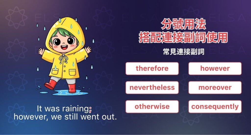 連接兩個獨立子句時,分號放在 however、therefore 等連接副詞之前。