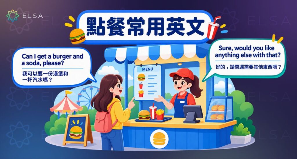 練習在遊樂園餐廳點餐的英文，如 menu、combo、for here、to go 和 pick up your order。