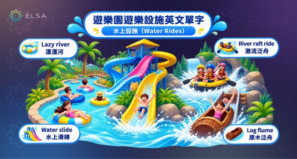 學習 water rides 相關英文，包括 water slide、lazy river、wave pool 和 log flume。