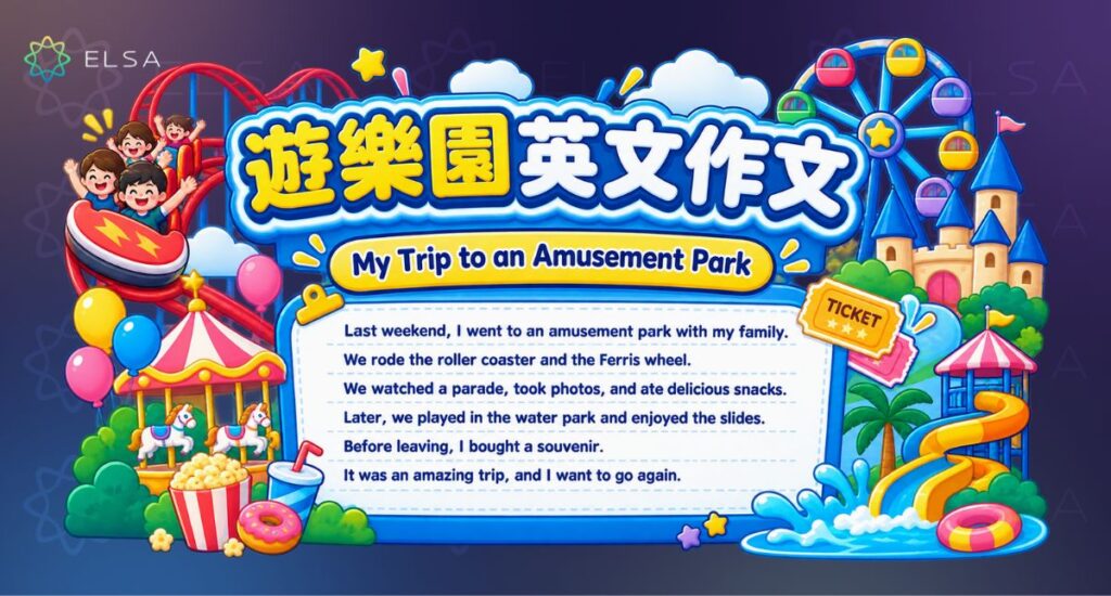 透過遊樂園英文作文學習 admission ticket、roller coaster、Ferris wheel、parade 等情境詞彙。