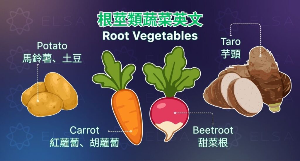 掌握根莖類蔬菜的英文 root vegetables,如 carrot、potato、sweet potato。