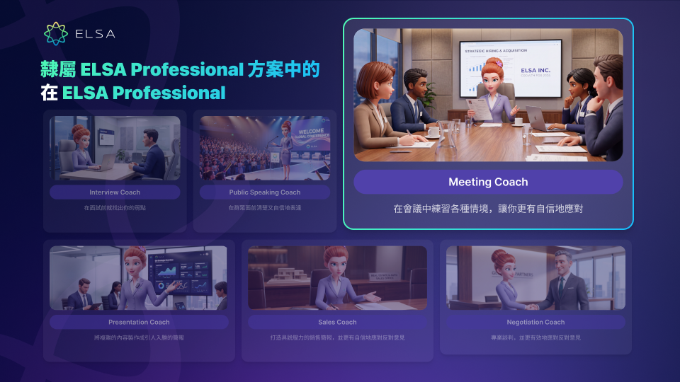 Meeting Coach 是 ELSA Professional 方案中的 AI 職場會議模擬功能。